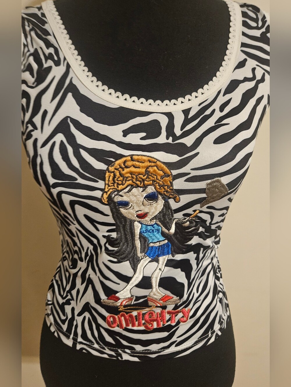 Y2K Zebra Embroidered Cropped Tank Top Black & White O-Mighty Style Streetwear S - Picture 6 of 7